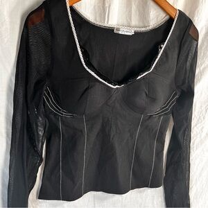 Vintage Go Go Fashion USA Black Top Women Large Shirt Sheer Arms Lace Sequins
